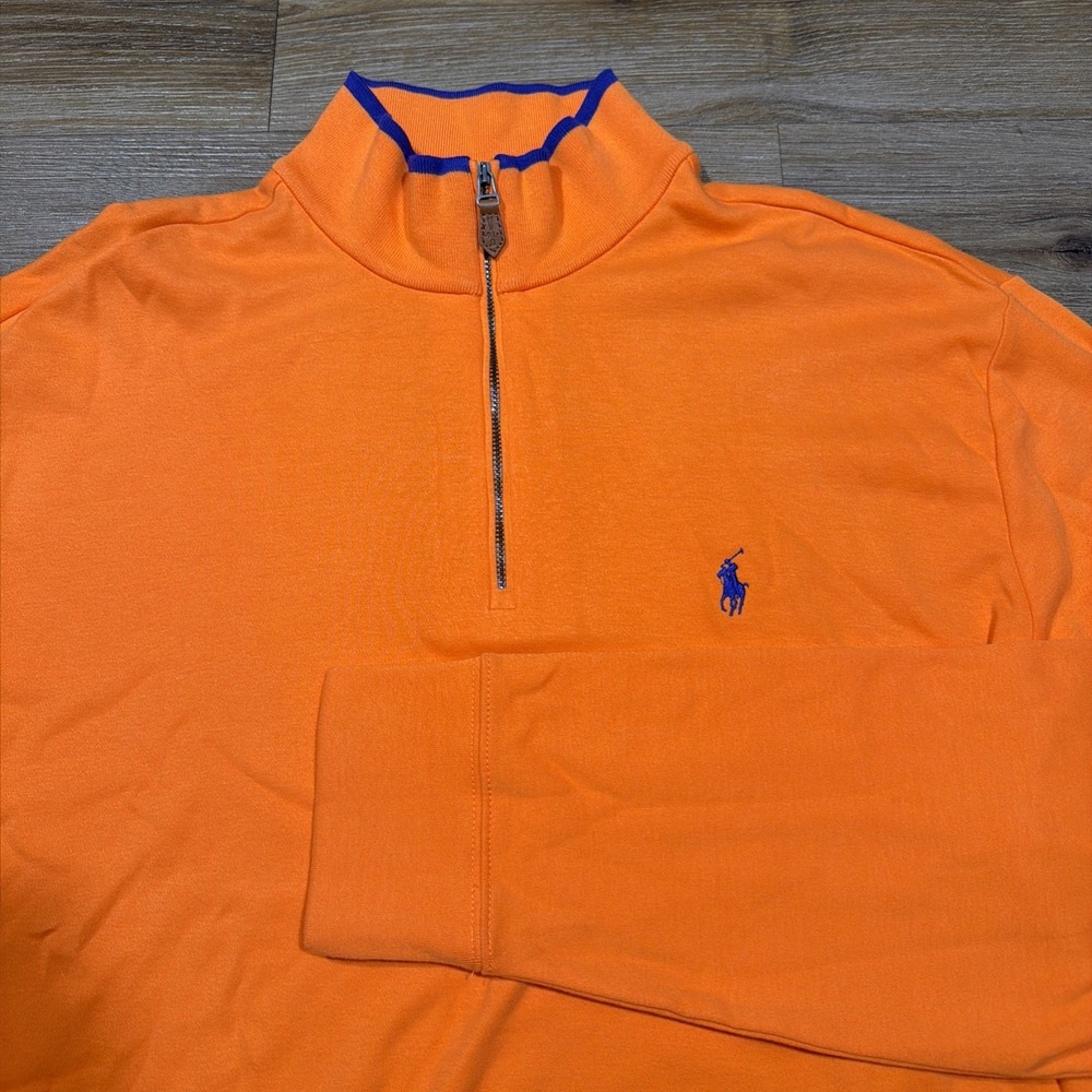 Polo Golf Ralph Lauren Men's LARGE 1/4 Quarter Zip Sweater Orange Blue Cotton